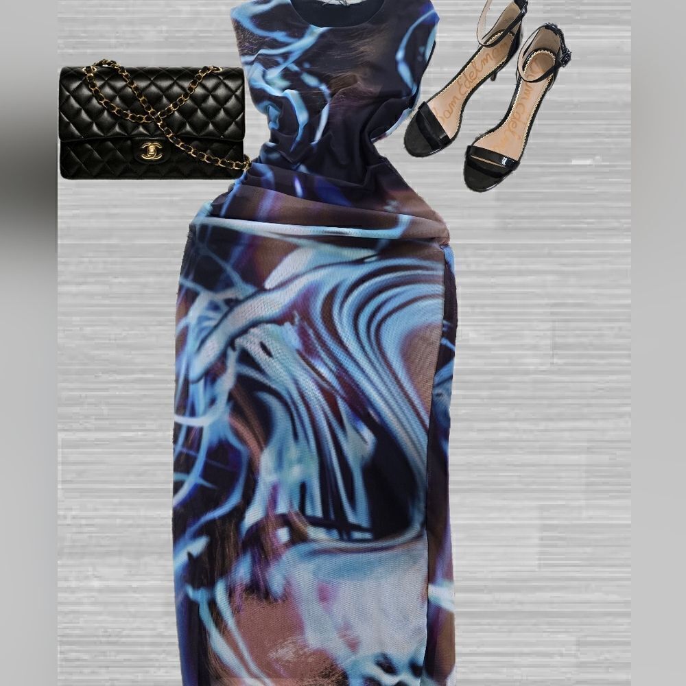 ZARA WOMAN NWT PRINTED TULLE DRESS BLUE BLACK - Picture 2 of 13